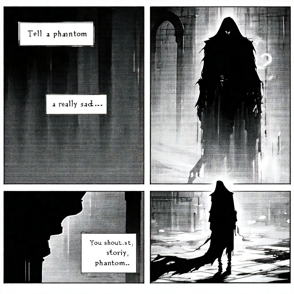 4 panels comic page, tell a story about a phantom, really sad story, 2d, monochrome art