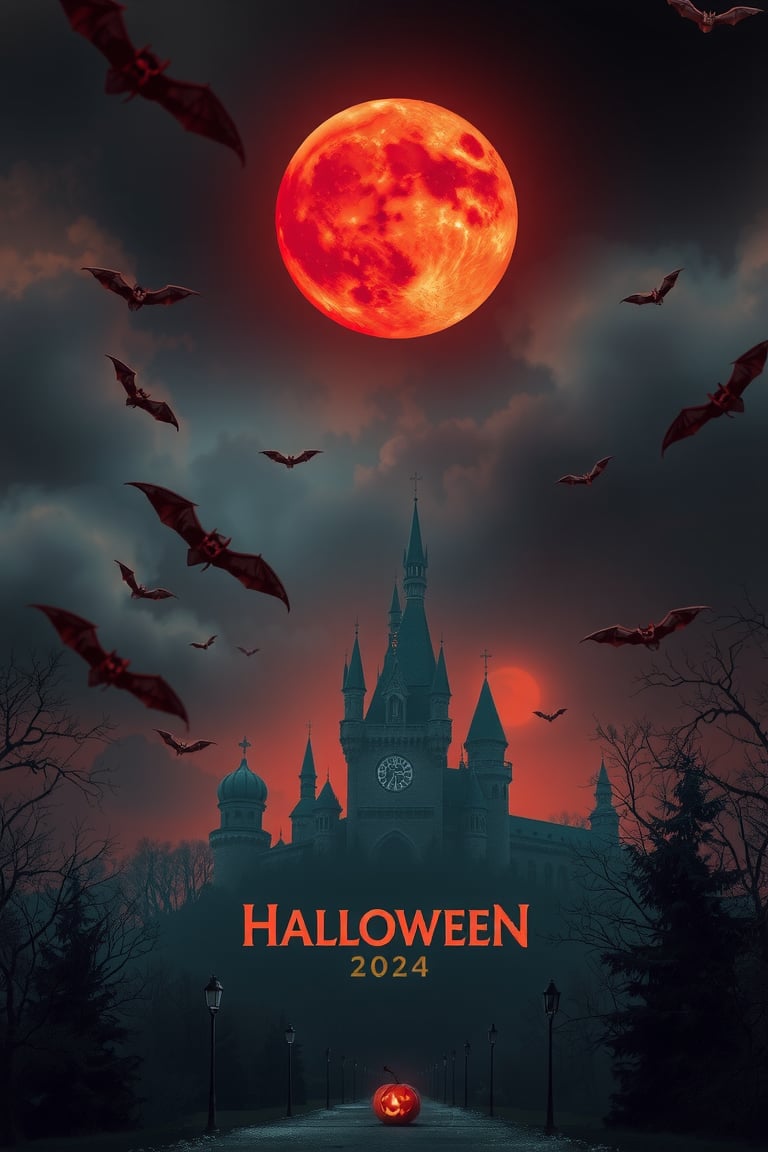 Super huge, crimson moon, spooky castle, poster of a movie about Halloween 2024, bats flying everywhere, darkness covering