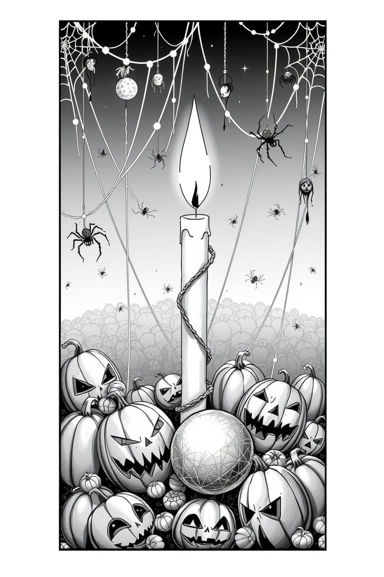 1 candle, surrounded by halloween pumpkins, spider webs everywhere, magic ball, strange things hanging, black and white Berserk Manga style