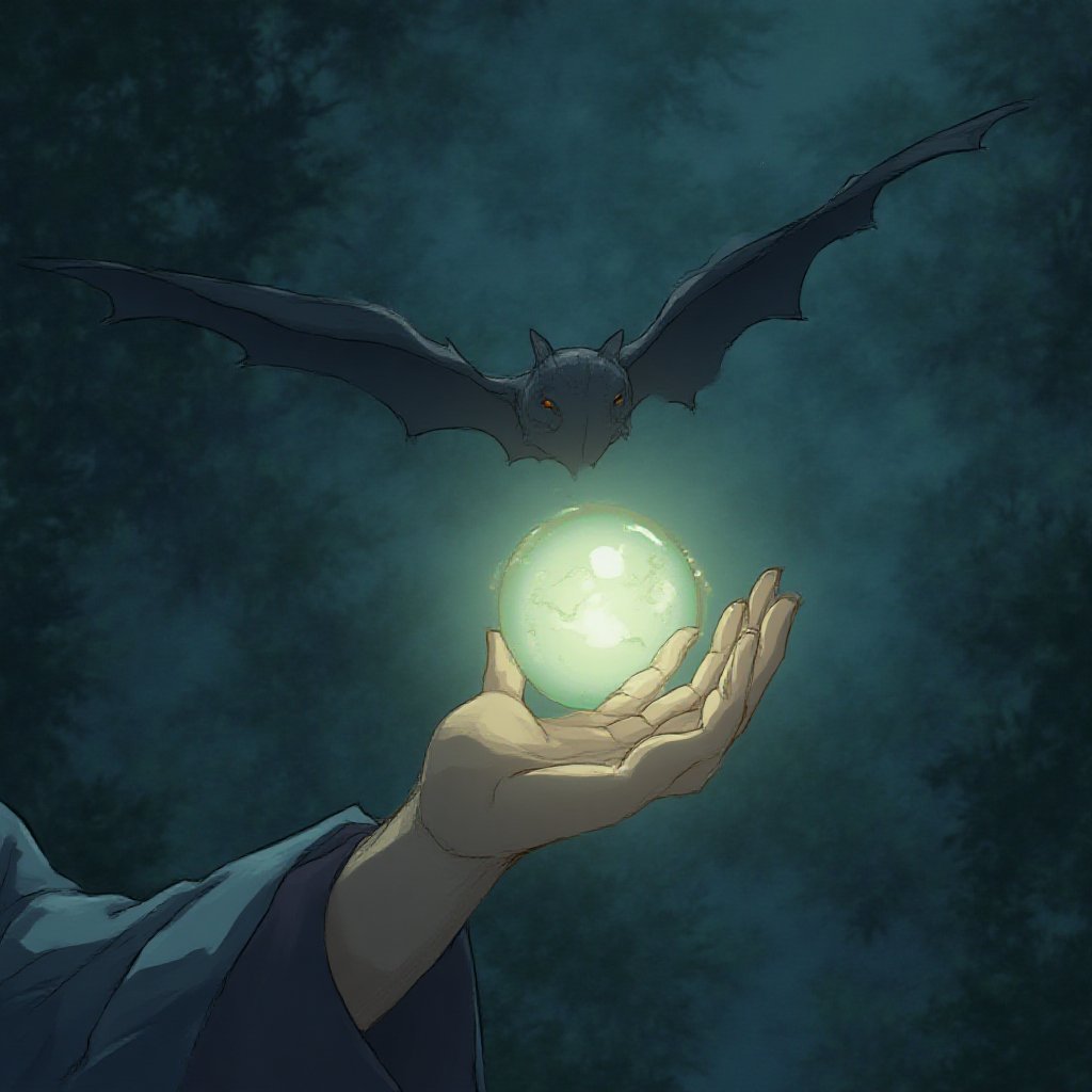 magic bat, witch's hand covering the ball, seeing the future, magical mist, studio Ghibli