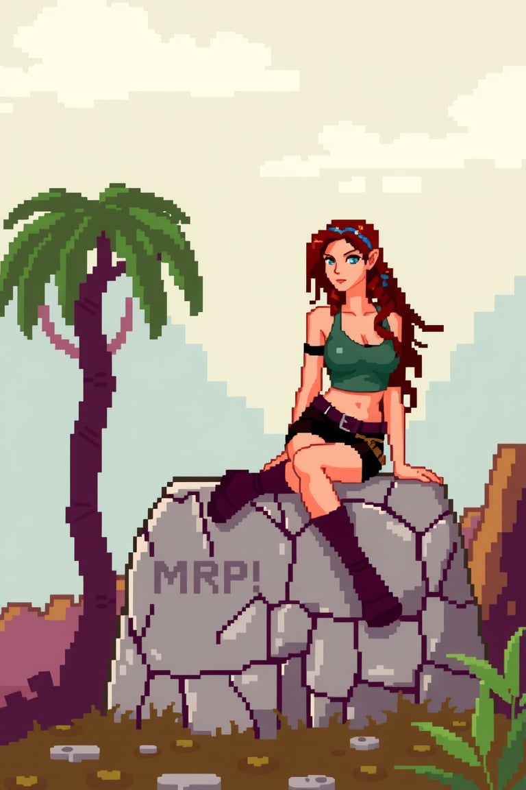 Lara Croft sitting on a tombstone, 8bit