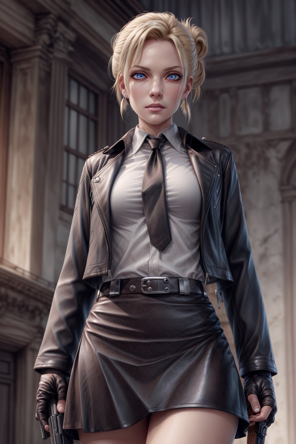 shirt,female_agent,mini_skirt,enemy_base,More Detail,earring,leather_glove,firearm,neck_tie,leather_jacket,belt,detailed_face,detailed_hair,,detailed_eyes,full_body,