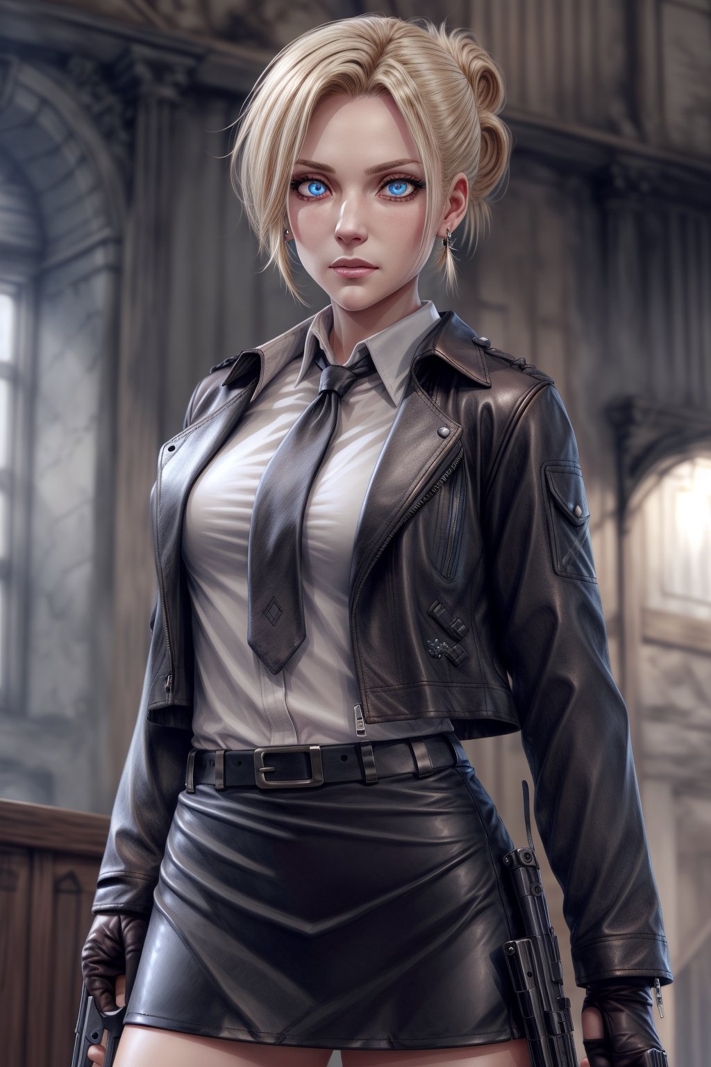 shirt,female_agent,mini_skirt,enemy_base,More Detail,earring,leather_glove,firearm,neck_tie,leather_jacket,belt,detailed_face,detailed_hair,,detailed_eyes,full_body,