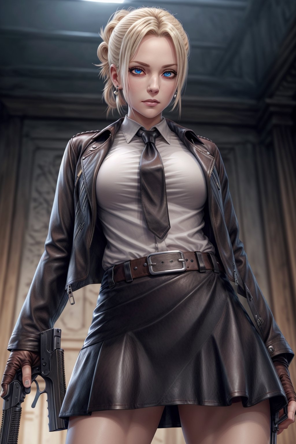 shirt,female_agent,mini_skirt,enemy_base,More Detail,earring,leather_glove,firearm,neck_tie,leather_jacket,belt,detailed_face,detailed_hair,,detailed_eyes,full_body,BOTTOM VIEW