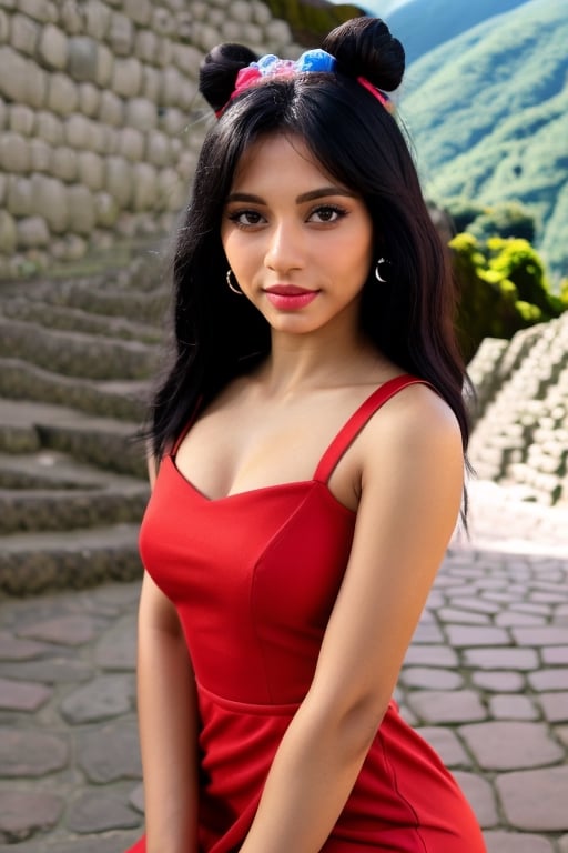 creates a real 21-year-old girl, 1.70 tall, Brazilian Latina, light eyes, black straight hair, wearing a red-colored dress, looking deeply into the camera, riding a black unicorn and this one in the citadel of Machu Picchu