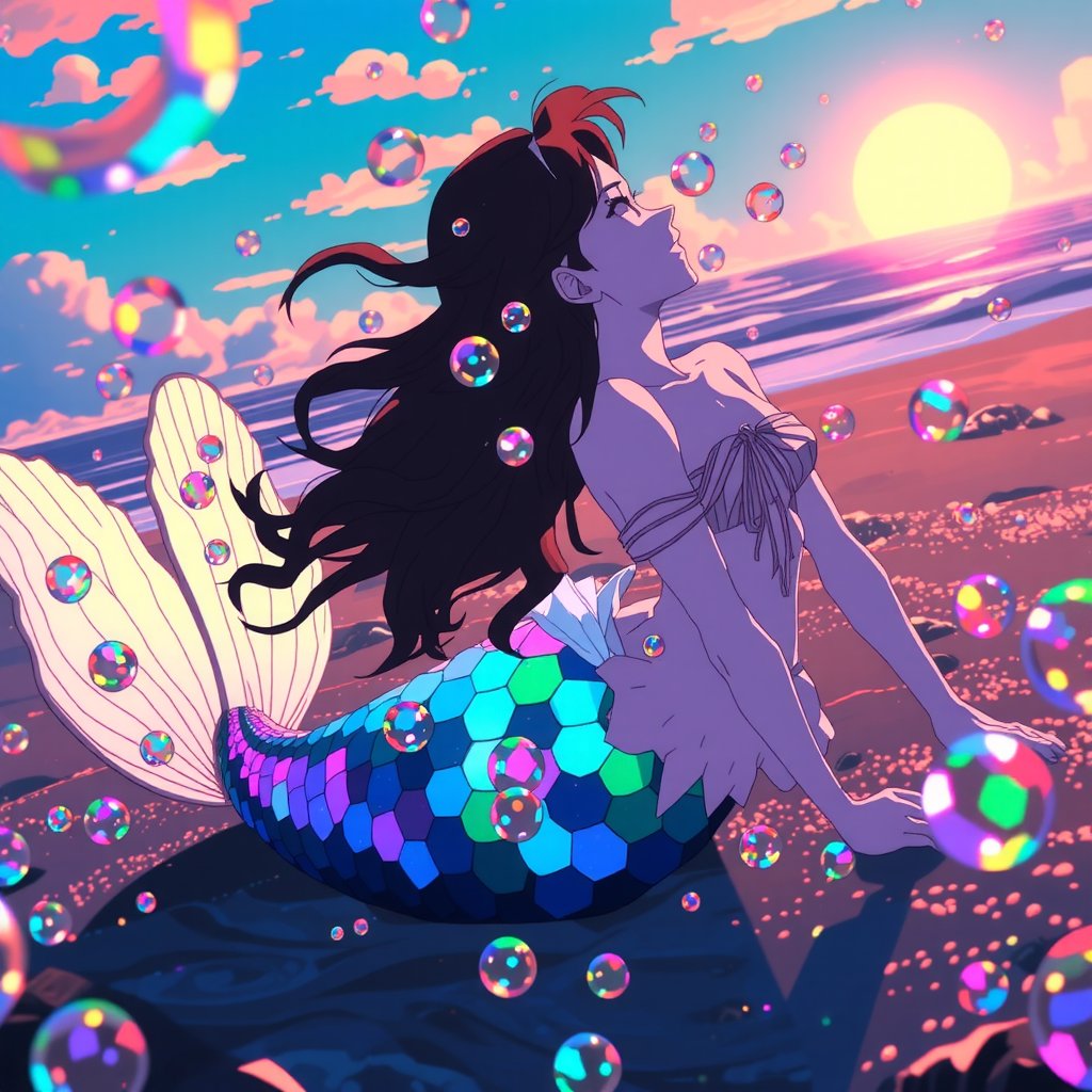 score_9, score_8_up, score_7_up, 1mermaid, seashell blouse, brown wavy hair, intricate beach shore, sunset, colorful bubbles floating around, cinematic masterpiece, highly detailed shot, dynamic lighting,Iridescent opal style, anime_screencap,Ghibli