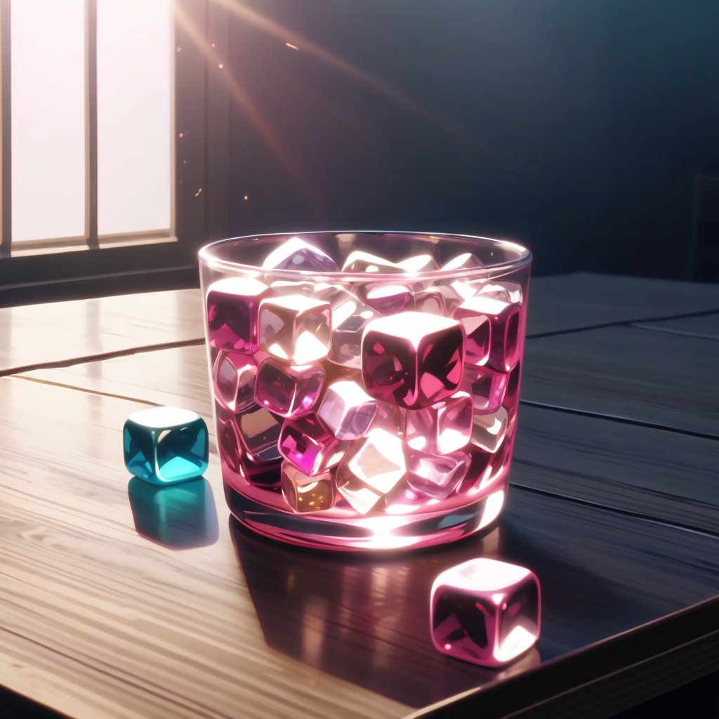 Pink crystal glass, drinking glass, large, on table, illuminated by sunlight, colorful cubes inside, anime_screencap, cinematic masterpiece, dynamic lighting