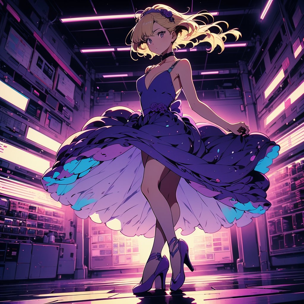 Ballerina, blonde hair, dancing, purple dress, purple shoes, purple color scheme, elegant, anime cinematic masterpiece, highly detailed shot, dynamic lighting, anime_screencap, rgbcolor, Retro