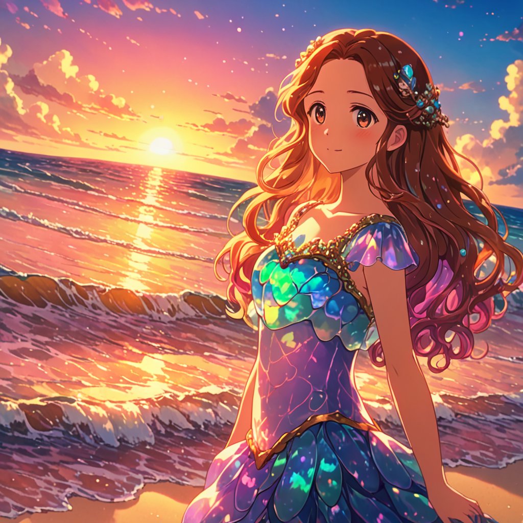 score_9, score_8_up, score_7_up, 1mermaid, seashell blouse, brown wavy hair, intricate beach shore, sunset, colorful bubbles floating around, cinematic masterpiece, highly detailed shot, dynamic lighting,Iridescent opal style, anime_screencap