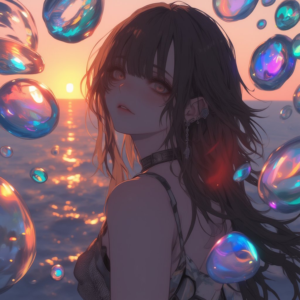 score_9, score_8_up, score_7_up, 1mermaid, seashell blouse, brown wavy hair, intricate beach shore, sunset, colorful bubbles floating around, cinematic masterpiece, highly detailed shot, dynamic lighting,Iridescent opal style, anime_screencap, animestyle,aotstyle