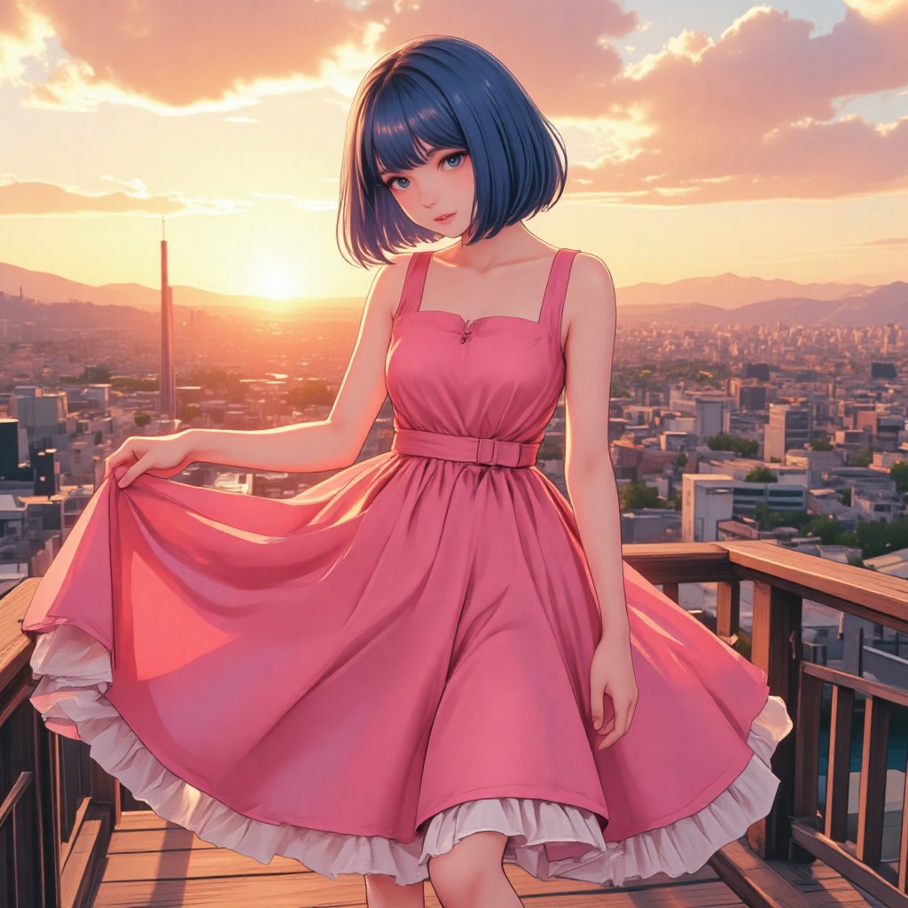 1girl, solo, pink dress, blue hair, bob_cut, sunset, vibrant, cheerful atmosphere, anime_screencap, SuchHorriGirl