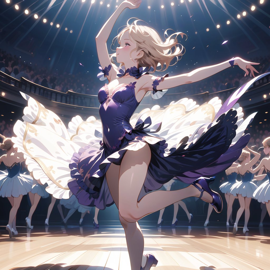 Ballerina, blonde hair, dancing, purple dress, purple shoes, purple color scheme, elegant, anime cinematic masterpiece, highly detailed shot, dynamic lighting
