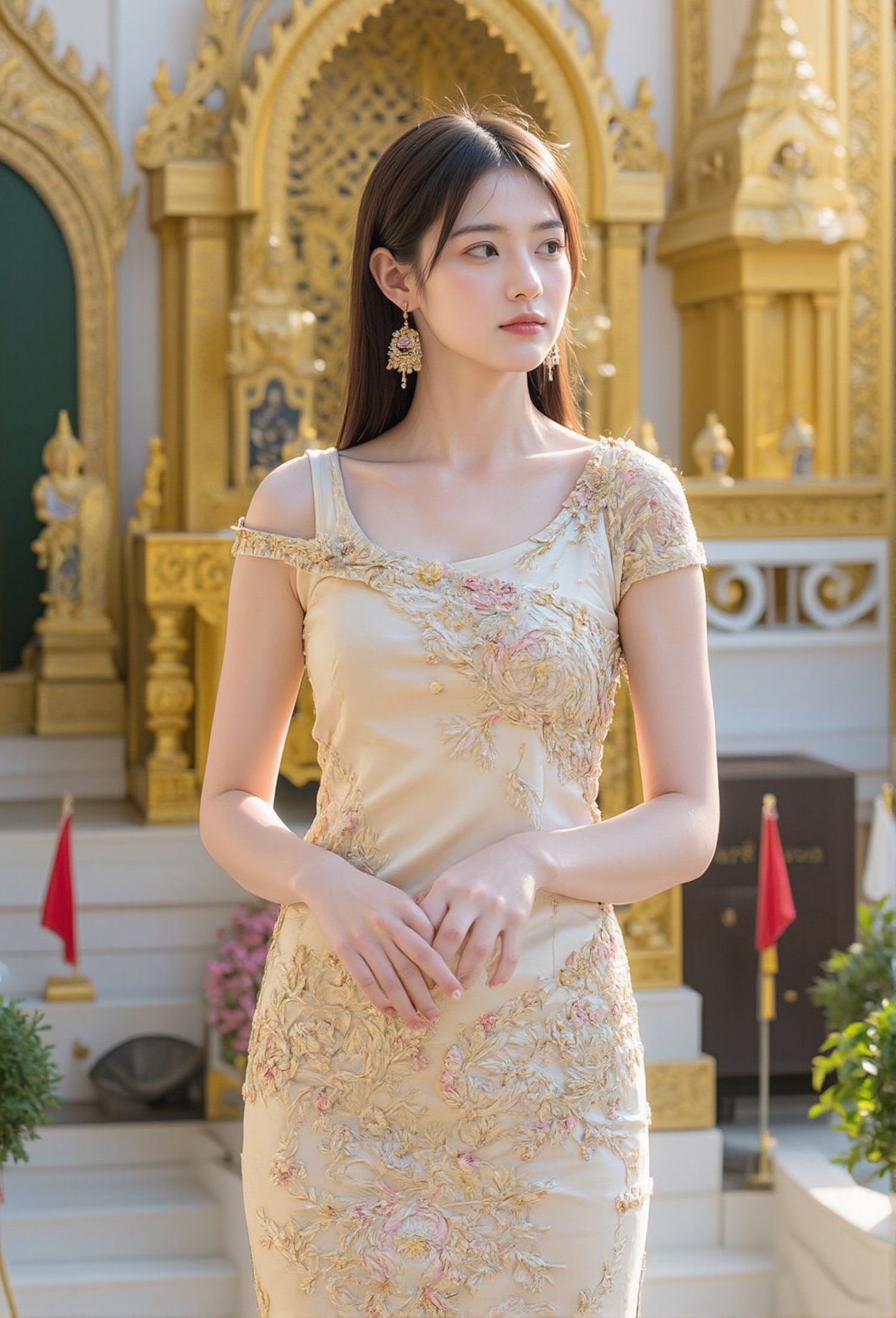 A Thai woman wearing a traditional Thai Siwalai dress made of luxurious gold silk with intricate floral embroidery,  featu...