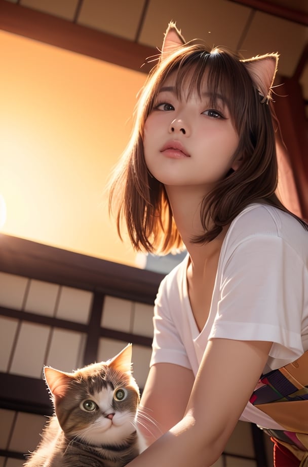 4K.HD. (Masterpiece, Best Quality, ) ,bokeh, a girl, Light brown beautiful hair, Light brown eyes, Plump breast, Blushed face, (cat ear:1.2), colourful t-shirt,  (Japanese idle:1.6), holding a pretty cat,   Looking at the viewer, (background is sunset main super m:1.4), (From below:1.6), cowboy shot