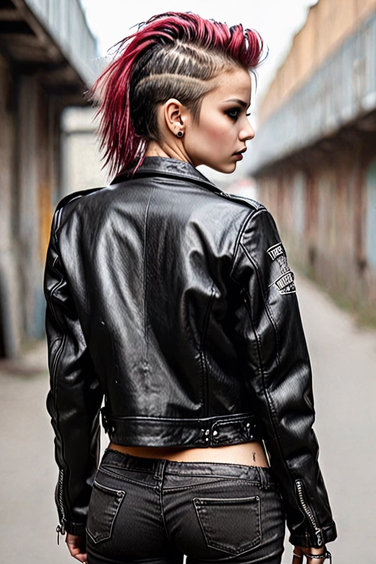 twu nice punk girl, leather black jacket, back view, looking in camera, photo, real