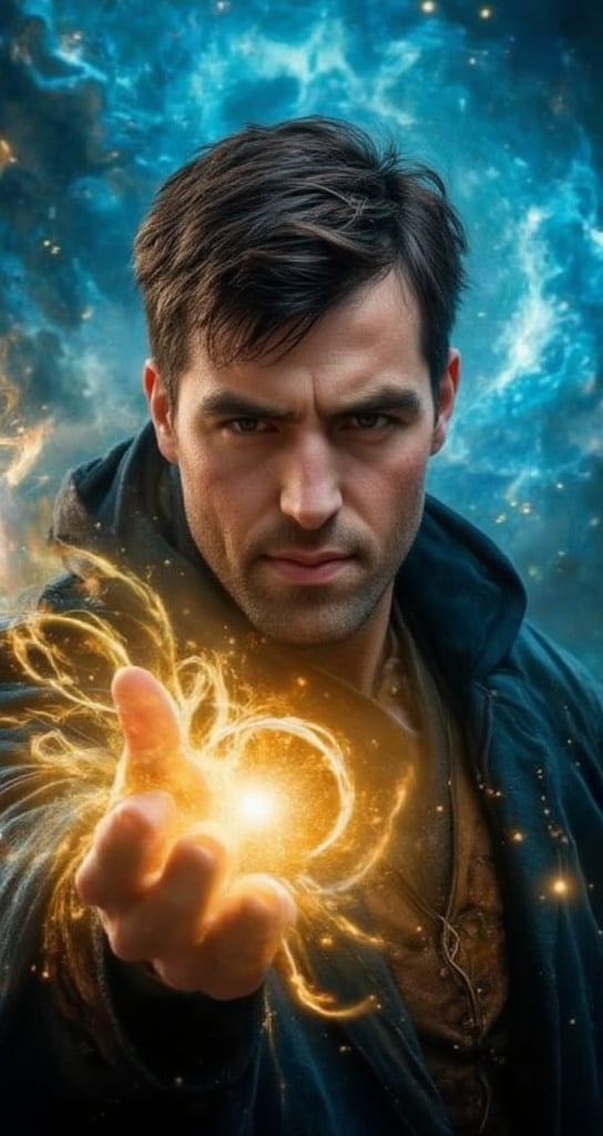 Capture an intricate medium-sized full-length portrait of a Handsome male. His expression is focused and intense as he casts a powerful spell. The magical energy surrounding his hands glows in vivid blue and yellow, creating a dramatic scene. His wizard attire is detailed. His dark brown eyes glow with supernatural energy, conveying his mystical prowess. In the background, a dynamic aura rising into the sky adds drama and intensity. This image must be rendered in ultra-high resolution (8k) to capture every detail, 