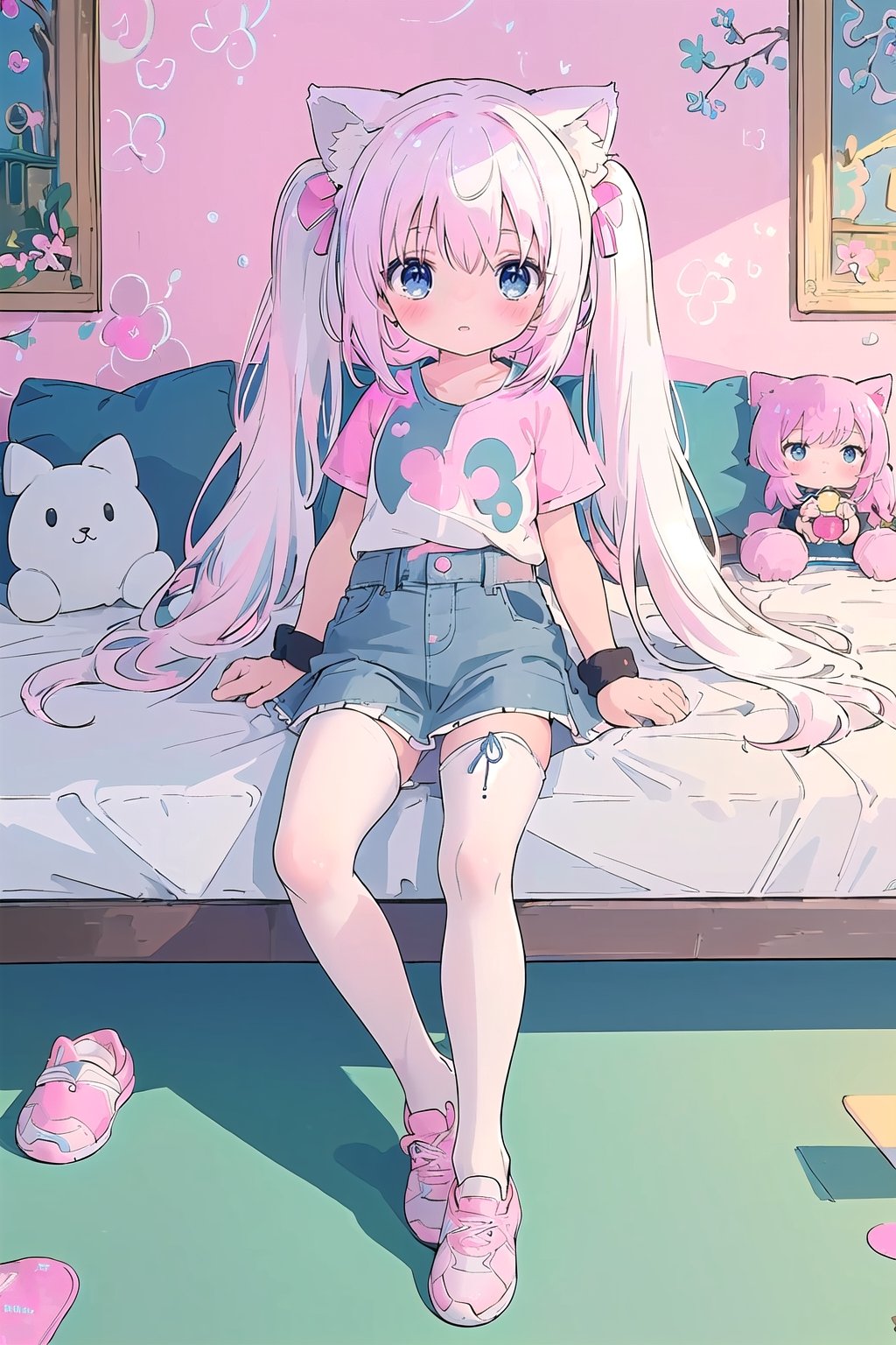 cute fluffy style anime realm, detailed, young, (loli:1.6), jk, kawaii, (white hair:1.3), long hair, (straight hair:1.3), (twintail:1.4), round face, white fluffy T-shirt, (short denim skirt:1.4), (shows whole body:1.5), cat ears, bangs, cat tail, shy, embarrassed, introvert, (deep blue eyes:1.5), (white compression stockings:1.5), (white sports shoes:1.5), pigeon-toed, slim legs, (short legs:1.8), super detailed, background of bedroom, with writing table, pillow, stuffed toys, lying on bed, one leg slightly bent, colourful background with flower patterns, light colour background, Better clothing, detailed clothing, perfect clothes,(best quality, masterpiece:2.0), japan anime style, midjourney, cuteloli, 1GIRL, (pink watch on left hand:1.5)