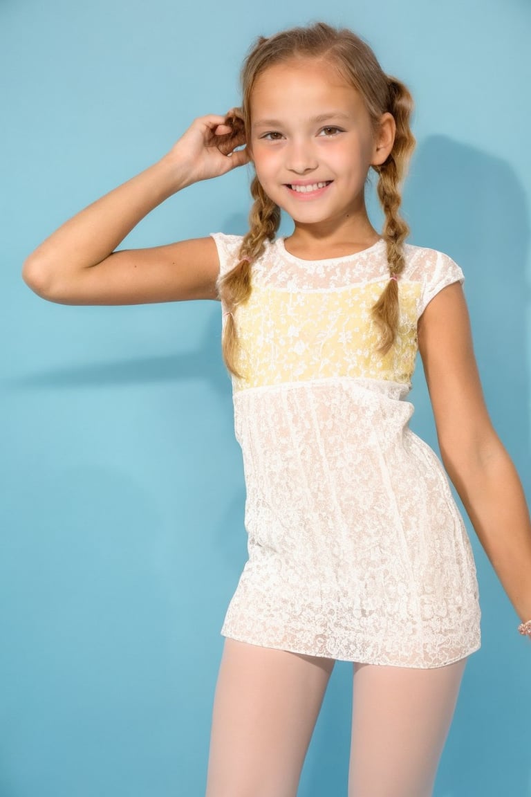 A vibrant 11-year-old tween girl posing in a totale blanc background. Her short hair is styled with intricate braids and p...