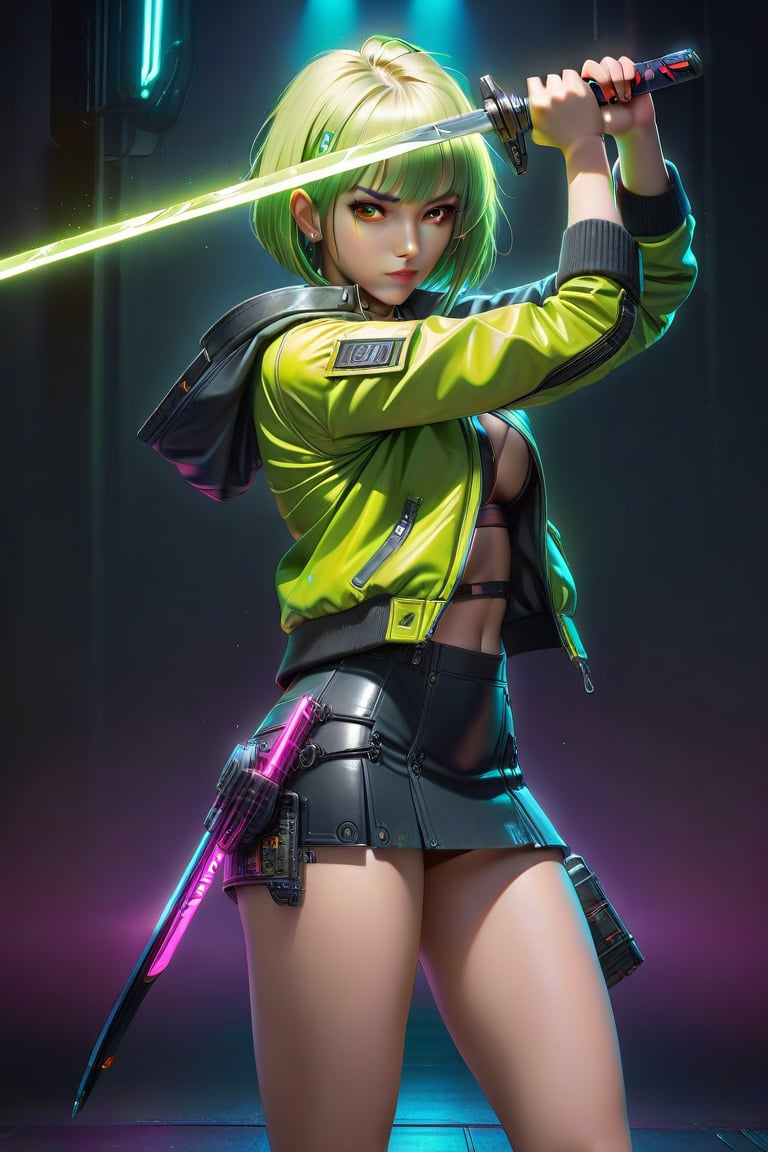 4k, 8k, high resolution, best quality, masterpiece: 1.3), ultra detailed, (realistic, photorealistic, photorealistic: 1.5), HDR, UHD, studio lighting, ultra-fine painting, sharp focus, physically based rendering, detailed description Extreme view, professional, bright colors. A woman wearing a jacket, short green hair, green eyes, big buttocks, girl wielding sword dark neon, whit her hands, short skirt cybepunk. The image is a digital painting filled with intricate details, from the woman's flawless features capturing a perfect combination of beauty and innovation in this compelling cyberpunk portrait. attractive woman,figurine,cyberpunk style,swordup,glowing sword,high guard sword parry stance