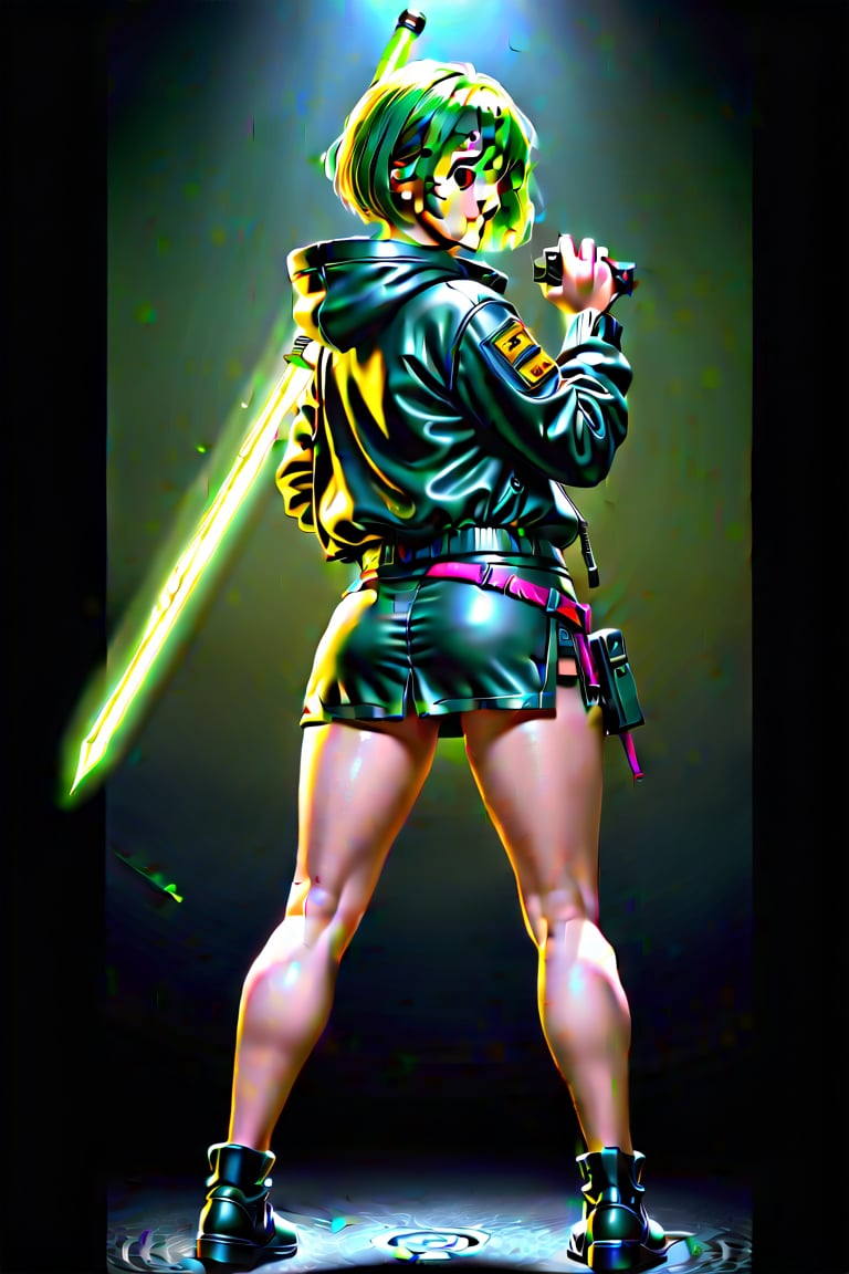 4k, 8k, high resolution, best quality, masterpiece: 1.3), ultra detailed, (realistic, photorealistic, photorealistic: 1.5), HDR, UHD, studio lighting, ultra-fine painting, sharp focus, physically based rendering, detailed description Extreme view, professional, bright colors. A woman wearing a jacket, short green hair, green eyes, big buttocks, girl wielding sword dark neon, whit her hands, short skirt cybepunk. The image is a digital painting filled with intricate details, from the woman's flawless features capturing a perfect combination of beauty and innovation in this compelling cyberpunk portrait. attractive woman,figurine,cyberpunk style,swordup,glowing sword,high guard sword parry stance