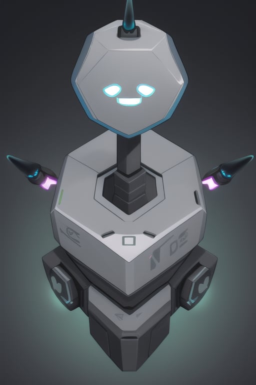 An advanced friendly face drone, designed to operate without propellers, using gravitational propulsion technology, friendly floating hexagonal shape.
Functionality and style, standing out for its casing inspired by cyberpunk and Tron, with a light gray finish. friendly and very observant