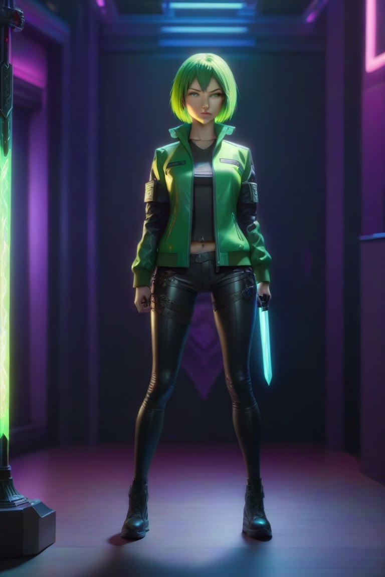 4k, 8k, high resolution, best quality, masterpiece: 1.3), ultra detailed, (realistic, photorealistic, photorealistic: 1.5), HDR, UHD, studio lighting, ultra-fine painting, sharp focus, physically based rendering, detailed description Extreme view, professional, bright colors. A woman wearing a jacket, short green hair, green eyes, girl singing rock in cyberpunk bar karaoke, The image is a digital painting filled with intricate details, from the woman's flawless features capturing a perfect combination of beauty and innovation in this compelling cyberpunk portrait. attractive woman,figurine,cyberpunk style,swordup,glowing sword,high guard sword parry stance,incoming vertical sword attack,Kazuto Kirigaya