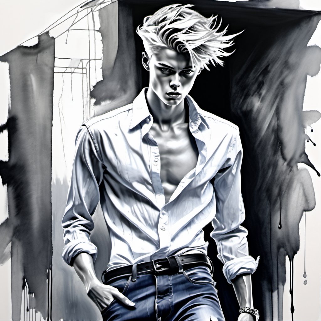 black and white painting,  backyard,  messy hair by Creazythek on Tensor.Art
