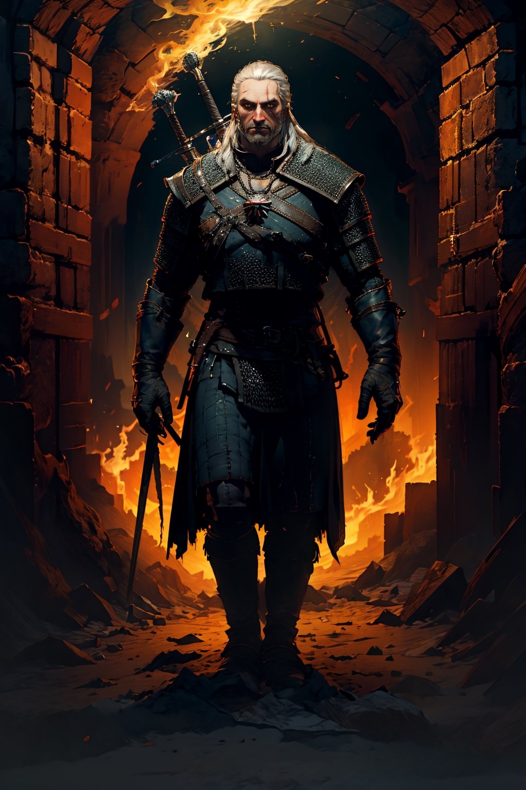 Masterpiece, beautiful details, perfect focus, uniform 8K wallpaper, high resolution, exquisite texture in every detail, The witcher walks through a foggy dark brick hallway, which is sparsely lit with torches hanging in holders on the wall, with his left hand he has drawn his silver sword and points it to the ground, the steel sword is in the sheath on his back,  a grim expression on his face, his medallion hangs visibly around his neck, his eyes glow slightly red through the darkness, view from the front, full body, nodf_lora,  beard,  yellow eyes,  armor,  chainmail ,