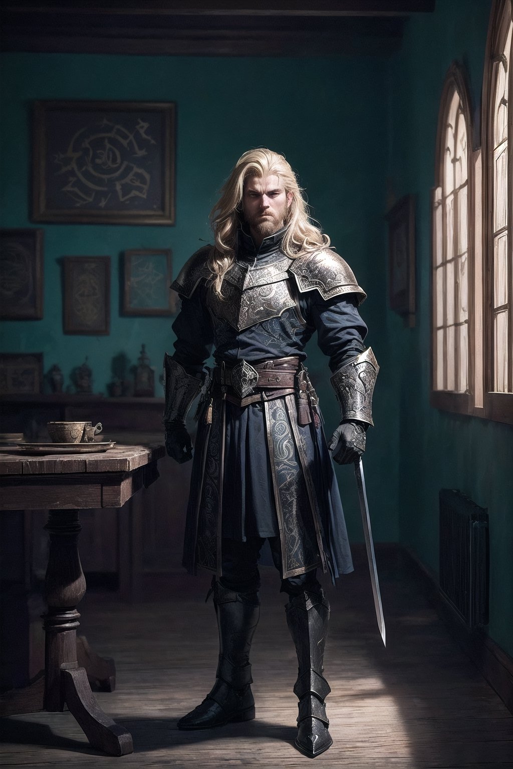 Aldric Wolfenhaur, danish, a human paladin with a fair complexion, she is (((25 years old))).
slightly elevated view from the front, capturing him in a commanding stance, full body.
front facing,one foot slightly forward, as if in mid-stride. His sword is held loosely in one hand, the tip resting on the ground, while his other hand is raised in a calming gesture.
His ((tousled locks of blonde hair)), a full well-maintained beard adorns his jawline, adding to his commanding presence.
his muscular frame evidence of countless battles. His bearing is regal, his presence demanding respect.
Clad in full layered plate armor of darkest steel,(((chestplate with multiple layers of overlapping plates))), Each layer is adorned with its own unique patterns, adding complexity to the overall design, engraved with (((celestial symbols and dark runes))), A cloak of deepest charcoal goes over his shoulders, adding an air of mystery to his ensemble, with leather gloves.
he stands in is dimly lit room, with flickering torches casting dancing shadows along the stone walls. Heavy tapestries depicting ancient battles hang from iron rods, their colors faded with time. A large wooden table dominates the center of the room, strewn with maps and parchment scrolls. Dust motes float lazily in the air, catching the soft light that filters through narrow windows set high in the walls
Soft and diffused, casting gentle highlights upon Aldric's features, emphasizing the determination in his eyes and the strength in his stance.
dark fantasy, gothic, ((((best artpiece ever))))