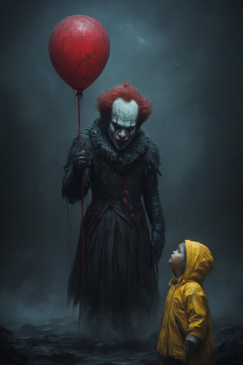 A lone, sinister clown stands shrouded in misty darkness, its painted-on smile twisted with malevolent intent, as it holds aloft a vibrant red balloon. In the foreground, a small child clad in a bright yellow raincoat gazes up at the balloon with wide-eyed wonder, oblivious to the ominous presence looming before them. The foggy atmosphere and eerie lighting cast an unsettling tone, evoking a sense of foreboding.