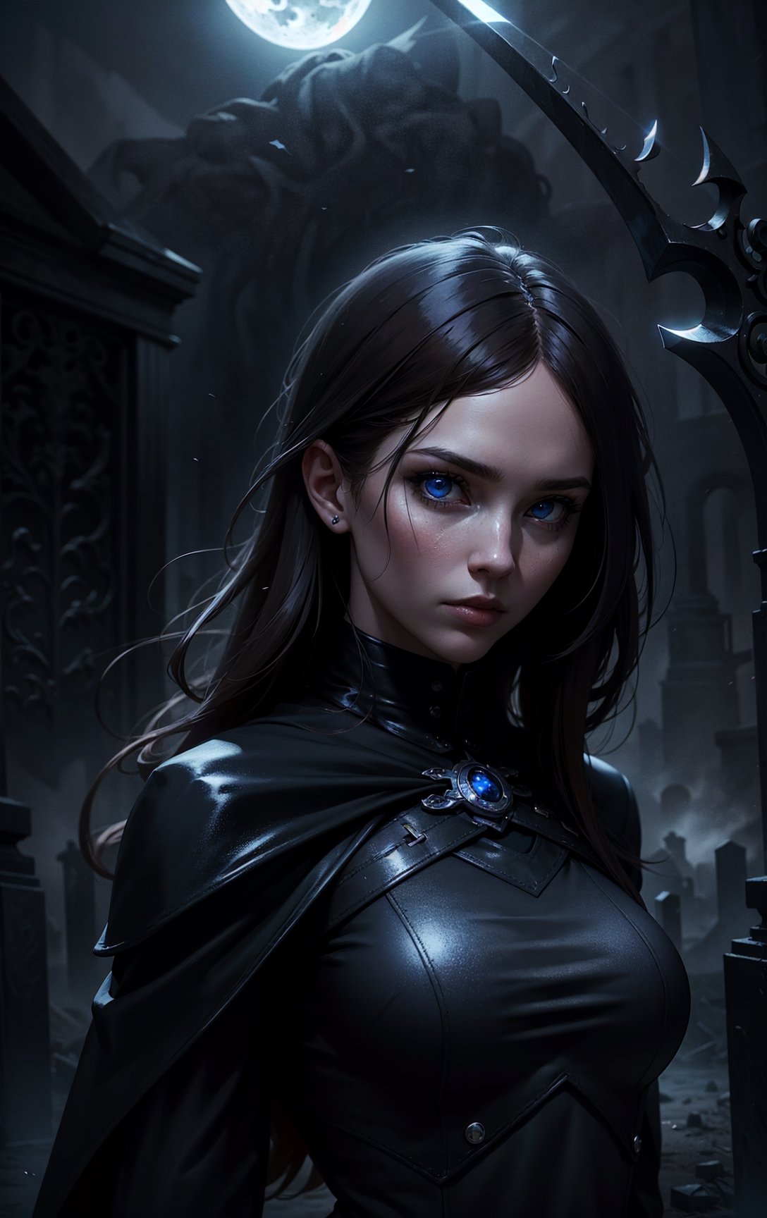 1girl, adult british woman,  blue eyes, brown blowout hair, portrait, solo, half shot, looking at viewer, detailed background, detailed face, (Void3nergy, void theme:1.1)  ethereal  emissary of death,   dynamic pose, reaper,  scythe, rot, floating particles,  cold, underworld, graveyard in background, rats in background, fog, dark clouds, moonlit night,  sinister dark atmosphere