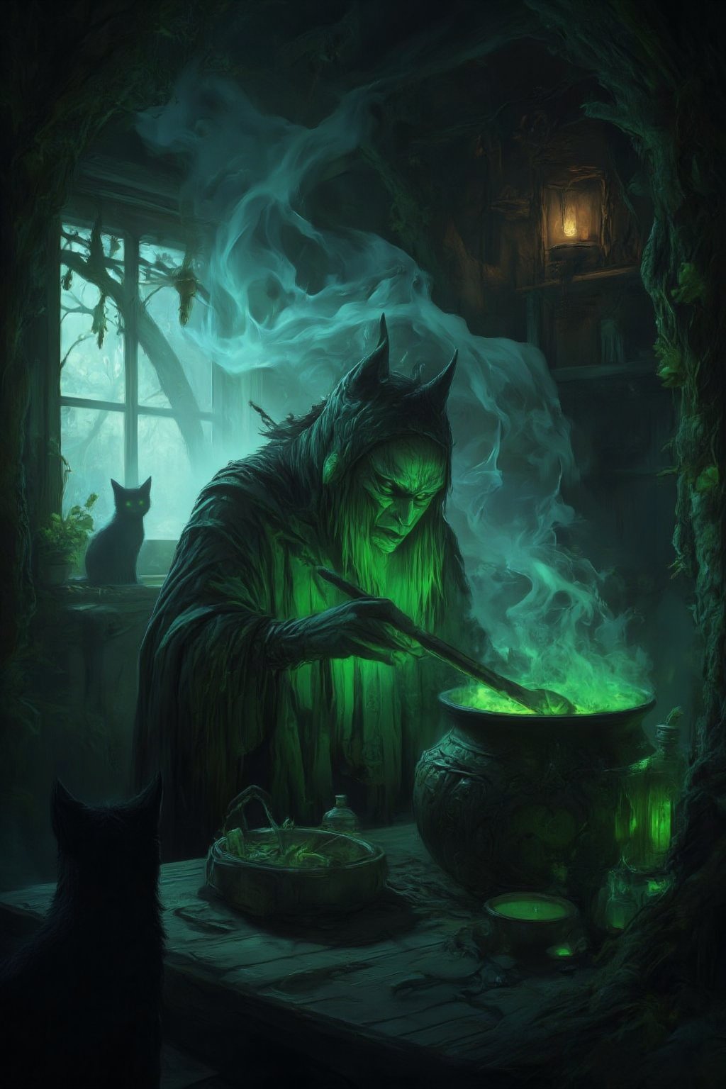 Deep within a fog-shrouded ancient forest, a mysterious hut emerges from the mist. Inside, a wicked witch hunches over a bubbling cauldron, stirring a toxic green potion as tendrils of smoke curl upward, illuminating her gnarled fingers grasping a wooden spoon. The dimly lit room is cluttered with strange ingredients: jars of preserved eyes, dried herbs, animal bones, and glowing crystals. Flickering candlelight casts long shadows across the walls, where a black cat watches with piercing green eyes in the background. A dark, eerie atmosphere pervades, exuding mystery, danger, and an aura of dark magic.