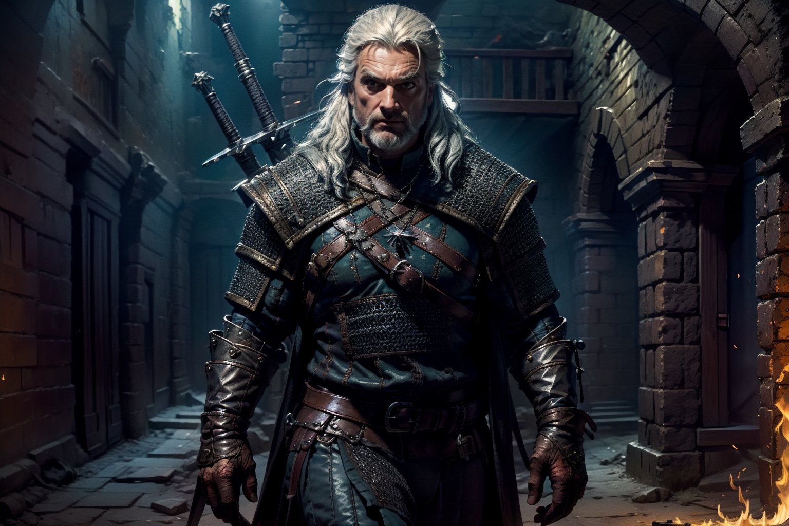 Masterpiece, beautiful details, perfect focus, uniform 8K wallpaper, high resolution, exquisite texture in every detail, The witcher walks through a foggy dark brick hallway, which is sparsely lit with torches hanging in holders on the wall, with his left hand he has drawn his silver sword and points it to the ground, the steel sword is in the sheath on his back,  a grim expression on his face, his medallion hangs visibly around his neck, his eyes glow slightly yellow through the darkness, view from the front, full body, nodf_lora,  beard,  yellow eyes,  armor,  chainmail ,