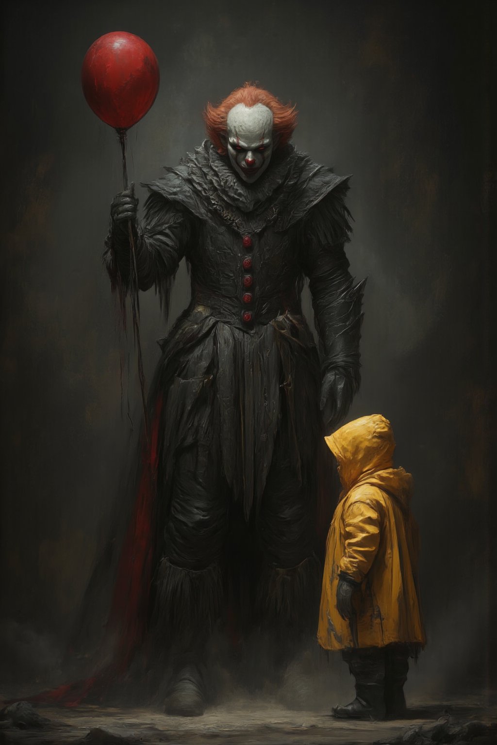 
The image shows a sinister clown holding a red balloon. The clown is standing in a dark, foggy setting and is looking at a child wearing a yellow raincoat. The child is looking at the balloon. The overall mood of the image is dark and eerie.