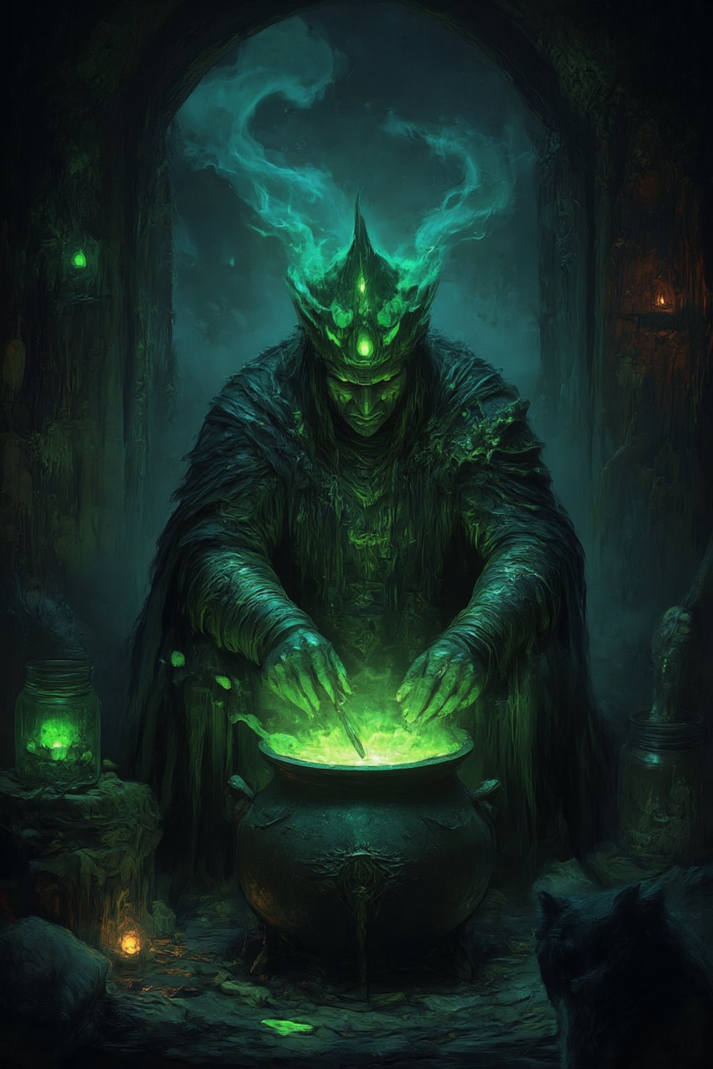 Deep within a fog-shrouded ancient forest, a mysterious hut emerges from the mist. Inside, a wicked witch hunches over a bubbling cauldron, stirring a toxic green potion as tendrils of smoke curl upward, illuminating her gnarled fingers grasping a wooden spoon. The dimly lit room is cluttered with strange ingredients: jars of preserved eyes, dried herbs, animal bones, and glowing crystals. Flickering candlelight casts long shadows across the walls, where a black cat watches with piercing green eyes in the background. A dark, eerie atmosphere pervades, exuding mystery, danger, and an aura of dark magic.,hkstyle