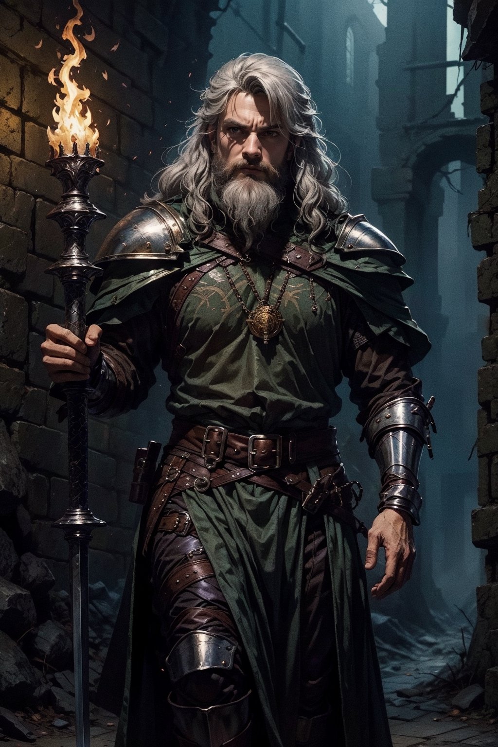 Masterpiece, beautiful details, perfect focus, uniform 8K wallpaper, high resolution, exquisite texture in every detail, The witcher walks through a foggy dark brick hallway, which is sparsely lit with torches hanging in holders on the wall, with his left hand he has drawn his silver sword and points it to the ground, the steel sword is in the sheath on his back,  a grim expression on his face, his medallion hangs visibly around his neck, his eyes glow slightly red through the darkness, view from the front, full body, nodf_lora,  beard,  yellow eyes,  armor,  chainmail ,