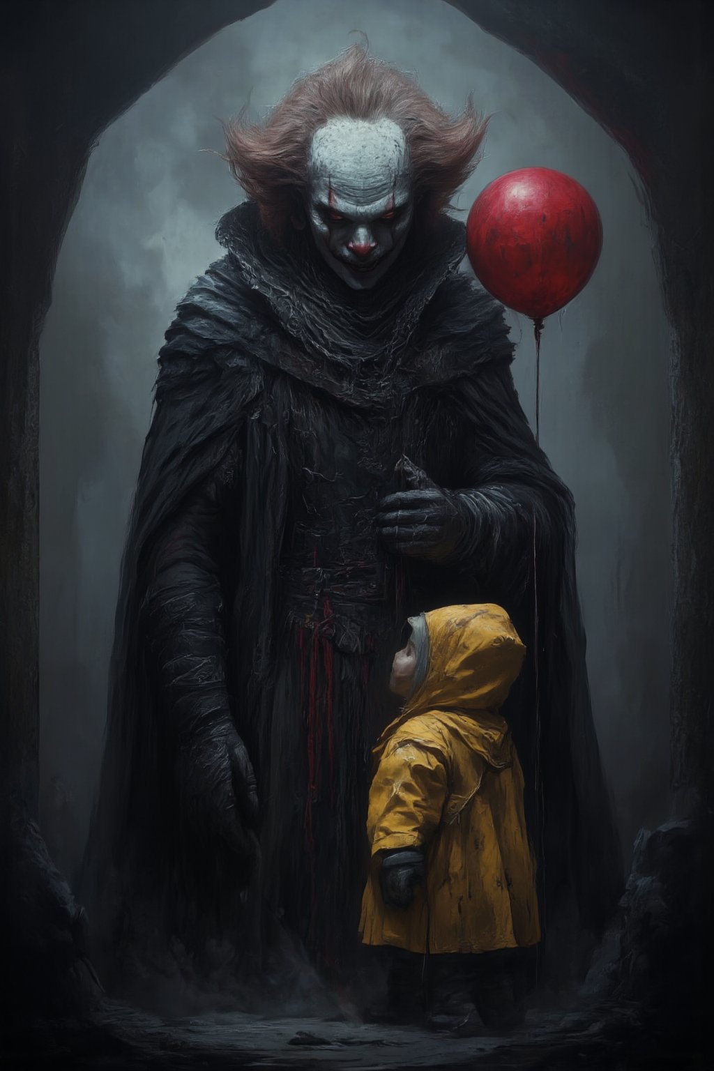 A haunting tableau unfolds: a sinister clown, shrouded in an aura of malevolence, grasps a crimson balloon amidst a foreboding fog-shrouded backdrop. The clown's gaze fixes on a young child clad in a bright yellow raincoat, their eyes locked onto the tantalizing balloon. The air is heavy with menace as the child's innocence is juxtaposed against the dark and eerie atmosphere.