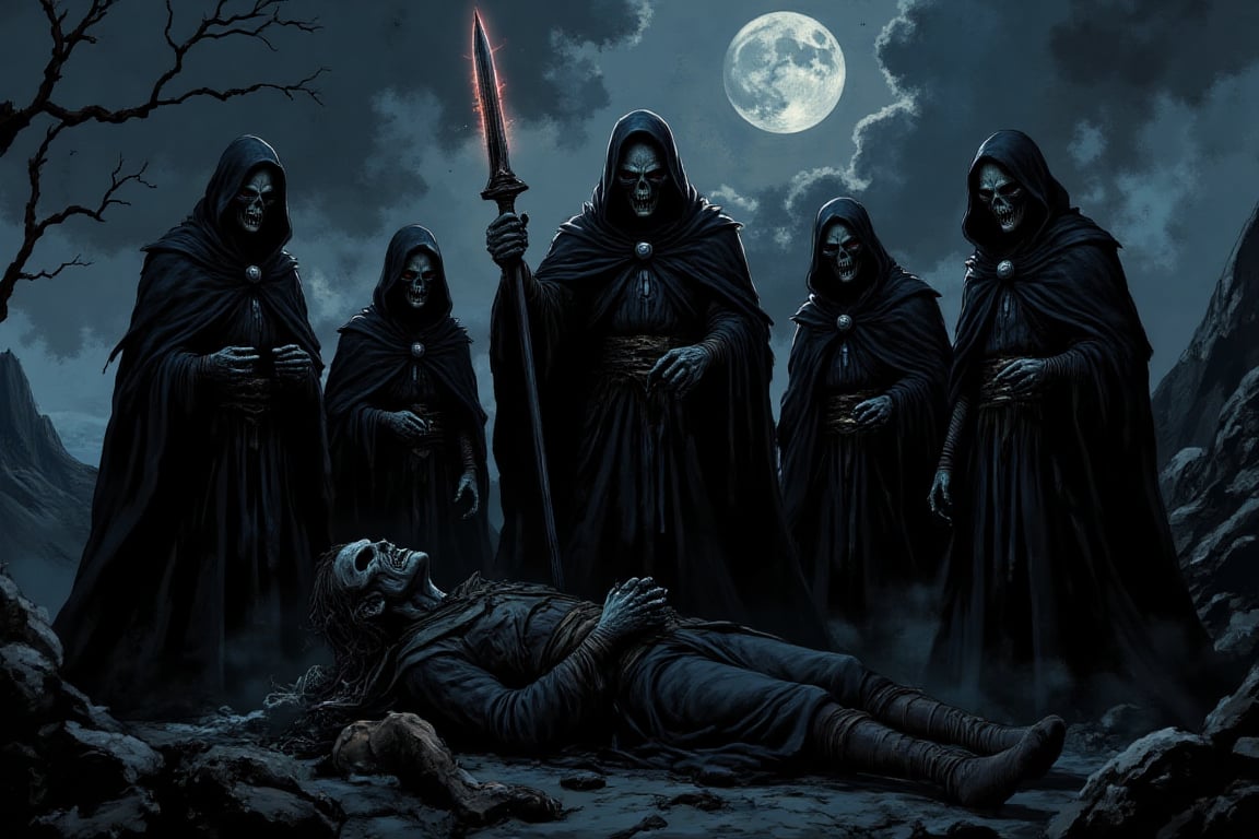 The Nazgûl Surrounding Frodo on Weathertop: "Five Nazgûl in Ringwraith form,  surrounding Frodo on Weathertop under the da...