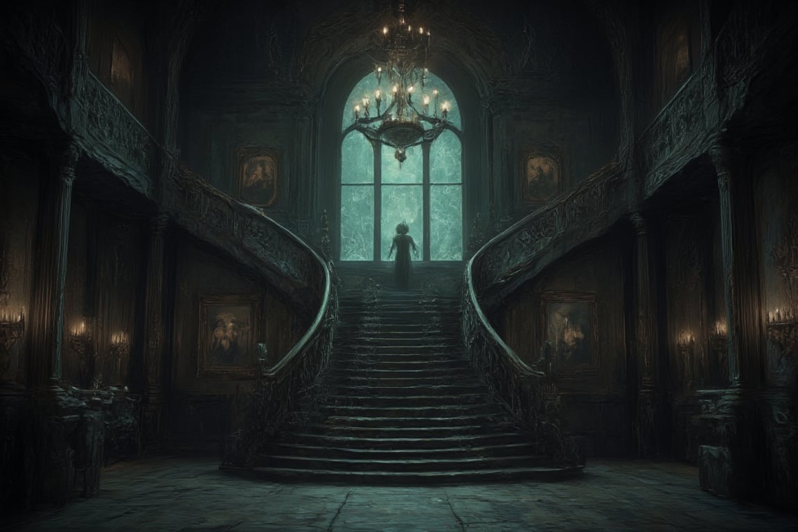 This image depicts the grand interior of a gothic mansion, steeped in mystery and dark elegance, evoking a classic haunted house ambiance.

- **The staircase**: At the center of the image is a large, sweeping staircase that ascends in two directions, forming a dramatic focal point. The staircase is made of dark wood, with intricately carved bannisters that give a sense of grandeur. The shadows cast by the wood add a haunting depth.

- **Chandelier**: Hanging from the high ceiling is a large, ornate chandelier, illuminating the room with a dim, ghostly light. The chandelier's design fits the gothic style, with multiple candles casting flickering shadows across the room.

- **Walls and pillars**: The walls are lined with dark wood paneling, intricately carved with gothic motifs and designs. Large pillars on either side of the staircase add a sense of weight and structure to the room, giving it a cathedral-like atmosphere.

- **Portraits and candles**: Several old portraits hang on the walls, their figures painted in dark tones, further enhancing the unsettling mood. These portraits likely represent the former inhabitants of the mansion, their expressions somber and foreboding. On both sides of the room, tall candelabras hold more candles, adding to the flickering, eerie light in the space.

- **Windows and lighting**: Behind the staircase is a large arched window, with opaque glass, allowing a faint greenish-blue glow to seep through. This light is dim, almost moonlike, contributing to the overall gloomy and supernatural feel. The muted lighting adds mystery, making the room feel uninhabited yet watched.

- **Flooring**: The wooden floor is slightly worn, suggesting that while the mansion is old, it has stood the test of time. The floorboards creak with history, perhaps hiding secrets beneath them.

This image conveys an atmosphere of decay and grandeur, as if this mansion was once magnificent but now holds untold dark stories within its walls. It could easily serve as a setting for a gothic horror narrative or a haunted estate.