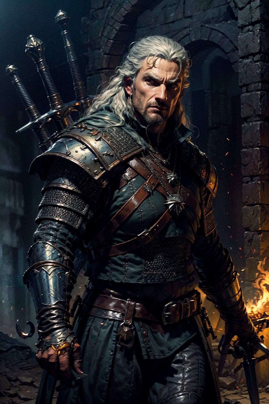 Masterpiece, beautiful details, perfect focus, uniform 8K wallpaper, high resolution, exquisite texture in every detail, The witcher walks through a foggy dark brick hallway, which is sparsely lit with torches hanging in holders on the wall, with his left hand he has drawn his silver sword and points it to the ground, the steel sword is in the sheath on his back,  a grim expression on his face, his medallion hangs visibly around his neck, his eyes glow slightly red through the darkness, view from the front, full body, nodf_lora,  beard,  yellow eyes,  armor,  chainmail ,