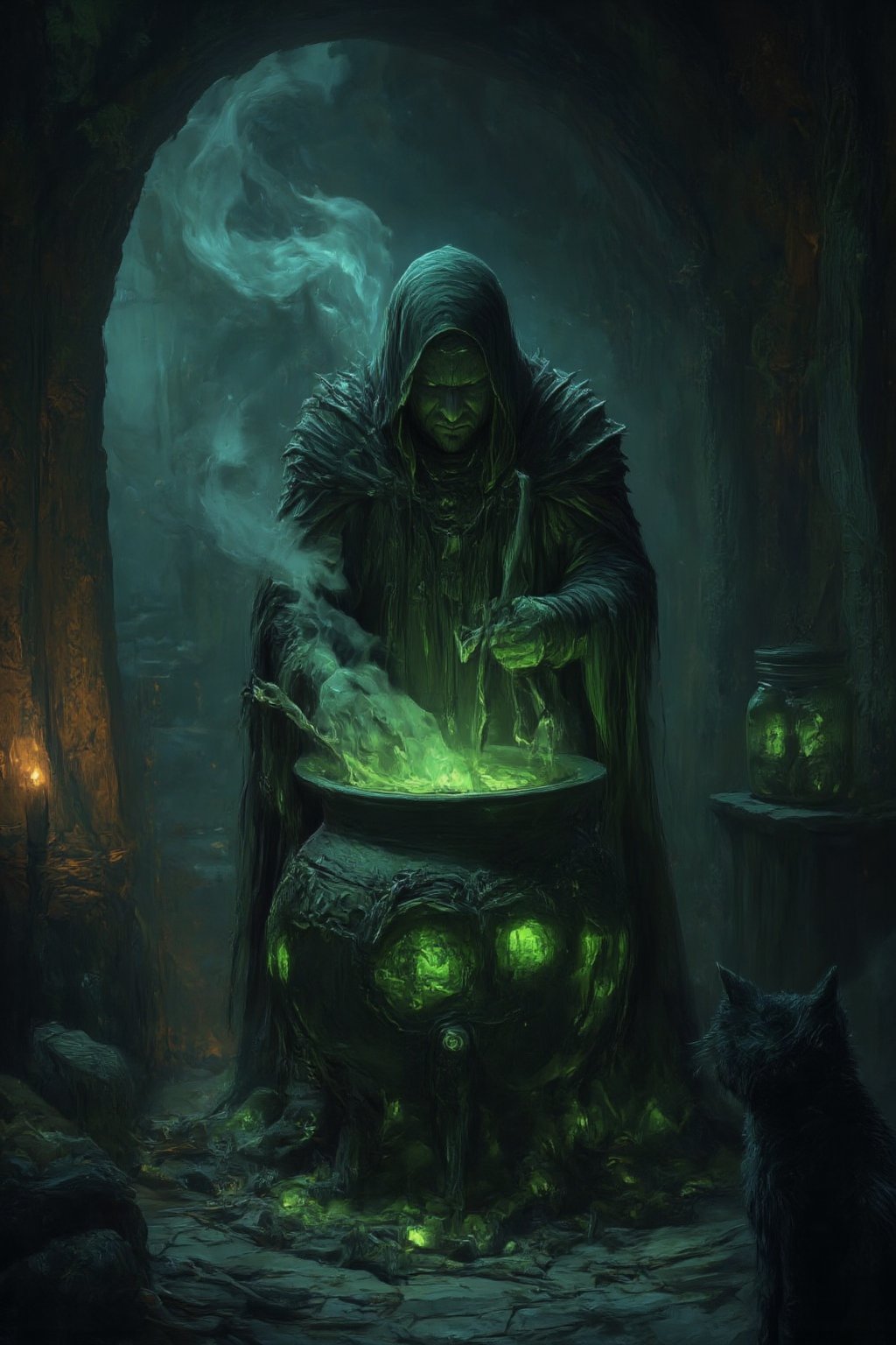 Deep within a fog-shrouded ancient forest, a mysterious hut emerges from the mist. Inside, a wicked witch hunches over a bubbling cauldron, stirring a toxic green potion as tendrils of smoke curl upward, illuminating her gnarled fingers grasping a wooden spoon. The dimly lit room is cluttered with strange ingredients: jars of preserved eyes, dried herbs, animal bones, and glowing crystals. Flickering candlelight casts long shadows across the walls, where a black cat watches with piercing green eyes in the background. A dark, eerie atmosphere pervades, exuding mystery, danger, and an aura of dark magic.,hkstyle