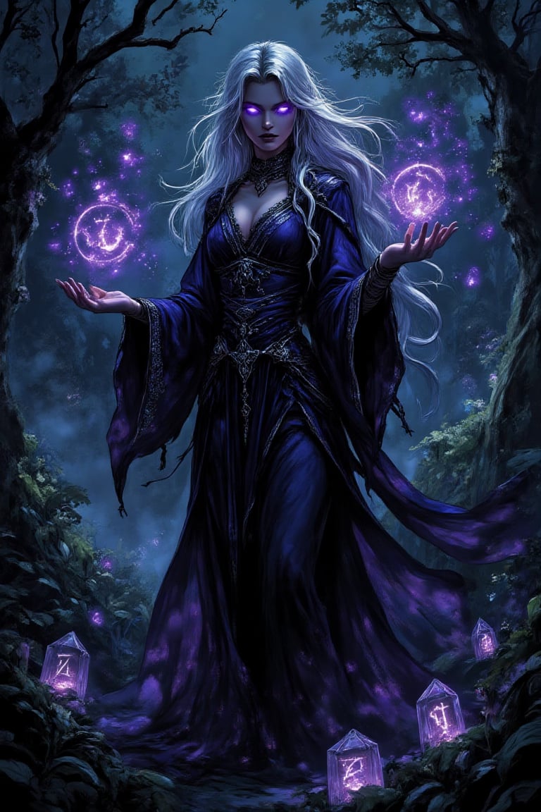 "A mysterious sorceress with glowing violet eyes and long white hair cascading down her back,  wearing a flowing midnight-...