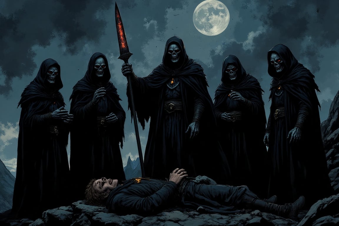 The Nazgûl Surrounding Frodo on Weathertop: "Five Nazgûl in Ringwraith form,  surrounding Frodo on Weathertop under the da...
