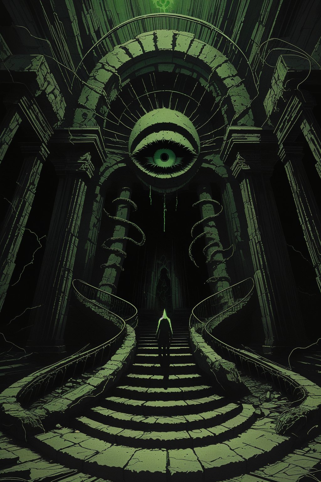 A lone figure ascends a crumbling stone staircase that leads to a colossal eye in the sky, representing the unknown. Serpents coil around the steps, while ethereal flames light the way. The scene is suffused with an eerie glow as arcane symbols pulse with power in the shadows.,nodf_lora,seek,green theme