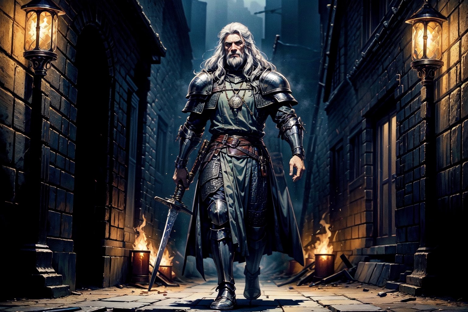 Masterpiece, beautiful details, perfect focus, uniform 8K wallpaper, high resolution, exquisite texture in every detail, The witcher walks through a foggy dark brick hallway, which is sparsely lit with torches hanging in holders on the wall, with his left hand he has drawn his silver sword and points it to the ground, the steel sword is in the sheath on his back,  a grim expression on his face, his medallion hangs visibly around his neck, eyes glows yellow, view from the front, full body, nodf_lora,  beard,  yellow eyes,  armor,  chainmail ,