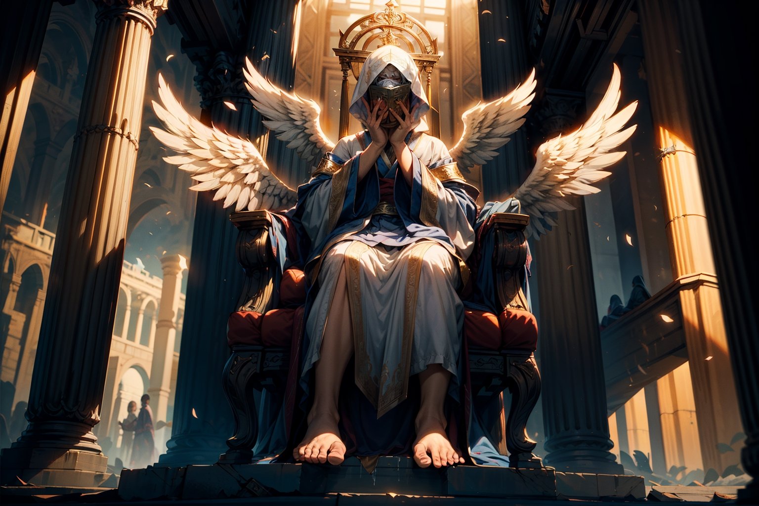 the Lord sitting upon a throne, high and lifted up, and his train (robe) filled the temple. Above the throne stood the Seraphim (angelic beings), and each one had 6 wings. With two wings they covered their faces, with two they covered their feet, and with two they flew