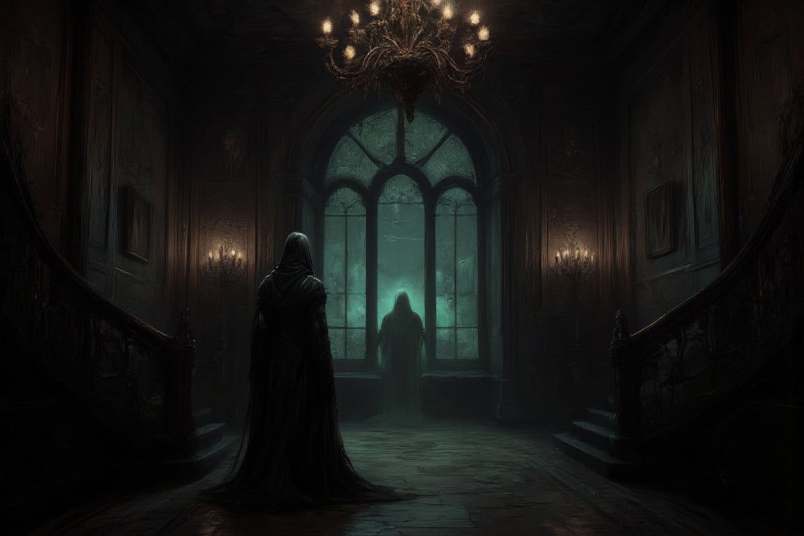 Here's a prompt for an SD image based on your description:

A hauntingly grand interior: The dimly lit, ornate chandelier casts flickering shadows across the dark wood panelled walls adorned with somber portraits. A sweeping staircase, intricately carved and shadowed, ascends in two directions from the worn wooden floor. Behind it, a large arched window with opaque glass allows a faint greenish-blue glow to seep through, illuminating the room's eerie atmosphere. In the background, a ghostly apparition appears slightly green, shrouded in mystery.