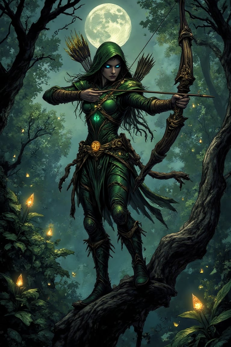 "A mystical archer stands poised on the twisted branch of an ancient tree deep within a moonlit forest. Her slender frame...