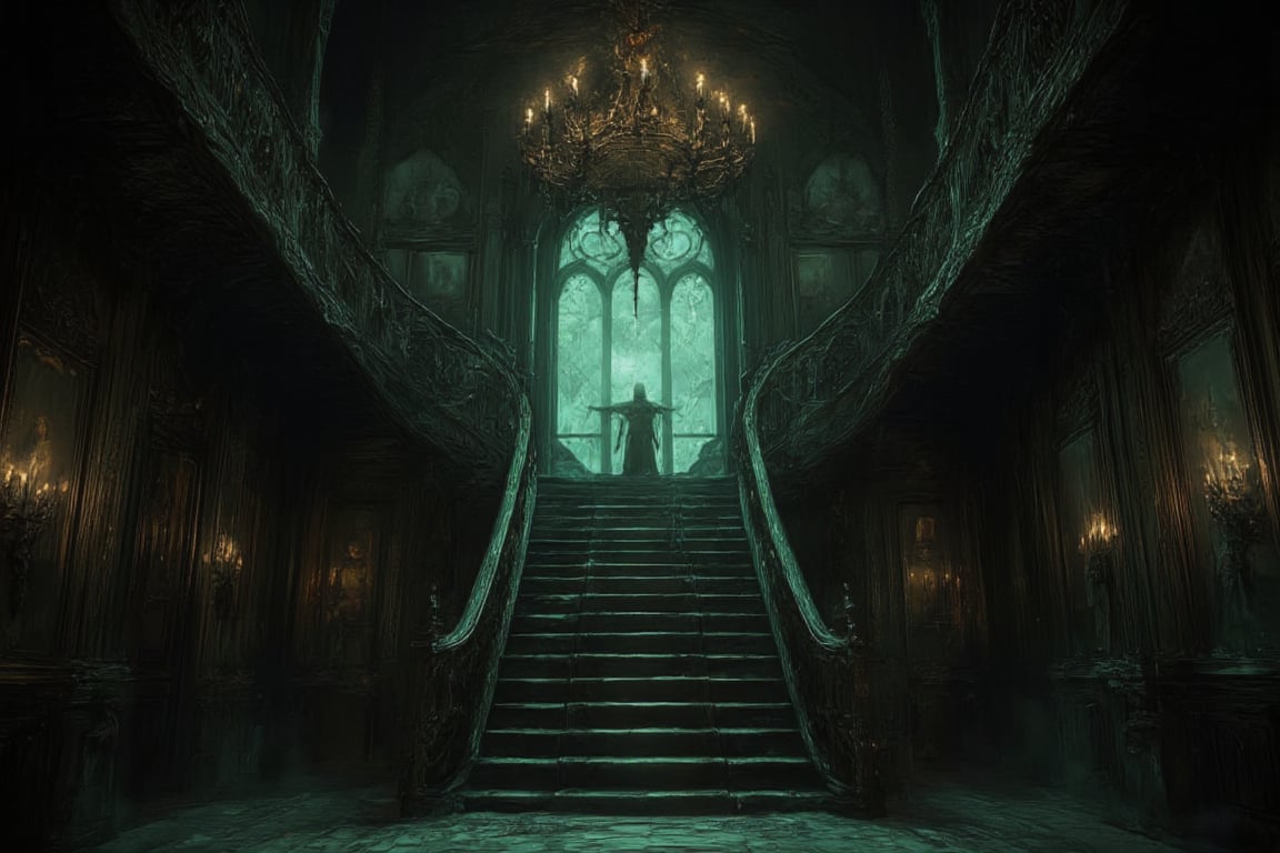 This image depicts the grand interior of a gothic mansion, steeped in mystery and dark elegance, evoking a classic haunted house ambiance.

- **The staircase**: At the center of the image is a large, sweeping staircase that ascends in two directions, forming a dramatic focal point. The staircase is made of dark wood, with intricately carved bannisters that give a sense of grandeur. The shadows cast by the wood add a haunting depth.

- **Chandelier**: Hanging from the high ceiling is a large, ornate chandelier, illuminating the room with a dim, ghostly light. The chandelier's design fits the gothic style, with multiple candles casting flickering shadows across the room.

- **Walls and pillars**: The walls are lined with dark wood paneling, intricately carved with gothic motifs and designs. Large pillars on either side of the staircase add a sense of weight and structure to the room, giving it a cathedral-like atmosphere.

- **Portraits and candles**: Several old portraits hang on the walls, their figures painted in dark tones, further enhancing the unsettling mood. These portraits likely represent the former inhabitants of the mansion, their expressions somber and foreboding. On both sides of the room, tall candelabras hold more candles, adding to the flickering, eerie light in the space.

- **Windows and lighting**: Behind the staircase is a large arched window, with opaque glass, allowing a faint greenish-blue glow to seep through. This light is dim, almost moonlike, contributing to the overall gloomy and supernatural feel. The muted lighting adds mystery, making the room feel uninhabited yet watched.

- **Flooring**: The wooden floor is slightly worn, suggesting that while the mansion is old, it has stood the test of time. The floorboards creak with history, perhaps hiding secrets beneath them.

This image conveys an atmosphere of decay and grandeur, as if this mansion was once magnificent but now holds untold dark stories within its walls. It could easily serve as a setting for a gothic horror narrative or a haunted estate.