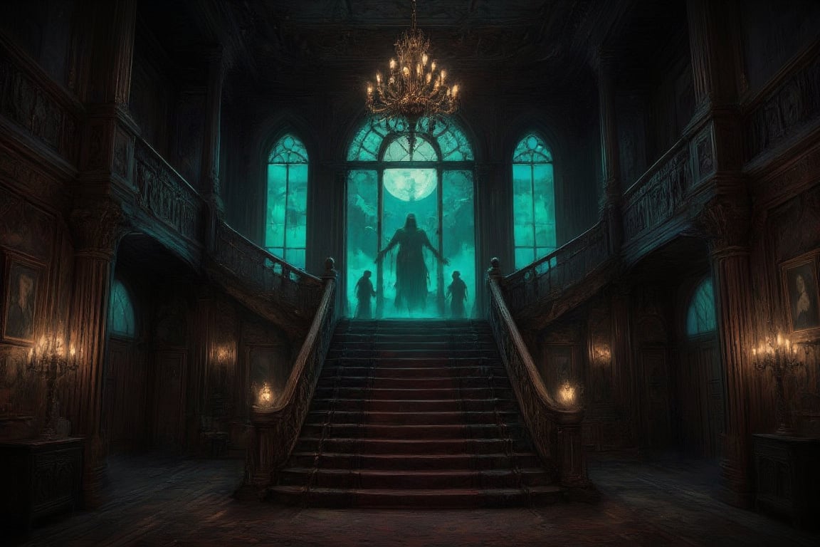 This image depicts the grand interior of a gothic mansion, steeped in mystery and dark elegance, evoking a classic haunted house ambiance.

- **The staircase**: At the center of the image is a large, sweeping staircase that ascends in two directions, forming a dramatic focal point. The staircase is made of dark wood, with intricately carved bannisters that give a sense of grandeur. The shadows cast by the wood add a haunting depth.

- **Chandelier**: Hanging from the high ceiling is a large, ornate chandelier, illuminating the room with a dim, ghostly light. The chandelier's design fits the gothic style, with multiple candles casting flickering shadows across the room.

- **Walls and pillars**: The walls are lined with dark wood paneling, intricately carved with gothic motifs and designs. Large pillars on either side of the staircase add a sense of weight and structure to the room, giving it a cathedral-like atmosphere.

- **Portraits and candles**: Several old portraits hang on the walls, their figures painted in dark tones, further enhancing the unsettling mood. These portraits likely represent the former inhabitants of the mansion, their expressions somber and foreboding. On both sides of the room, tall candelabras hold more candles, adding to the flickering, eerie light in the space.

- **Windows and lighting**: Behind the staircase is a large arched window, with opaque glass, allowing a faint greenish-blue glow to seep through. This light is dim, almost moonlike, contributing to the overall gloomy and supernatural feel. The muted lighting adds mystery, making the room feel uninhabited yet watched.

- **Flooring**: The wooden floor is slightly worn, suggesting that while the mansion is old, it has stood the test of time. The floorboards creak with history, perhaps hiding secrets beneath them.

This image conveys an atmosphere of decay and grandeur, as if this mansion was once magnificent but now holds untold dark stories within its walls. It could easily serve as a setting for a gothic horror narrative or a haunted estate. A ghostly apparition that appears slightly green is easily visible in the background,illustrated,Fantasy drawing,fluxtration